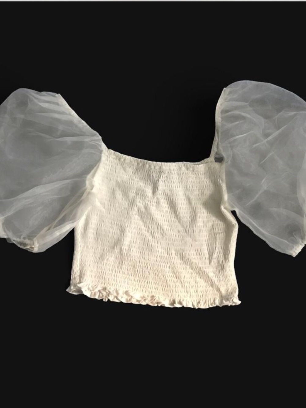 Forever 21 White Smocked Crop Top with Sheer Puff Sleeves
